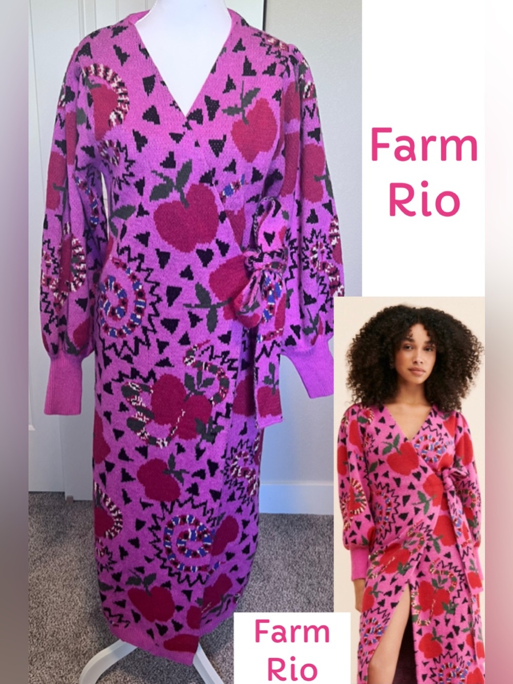 FARM Rio Sweater Knit Wrap Dress Cardigan Apple Snake Sz Medium